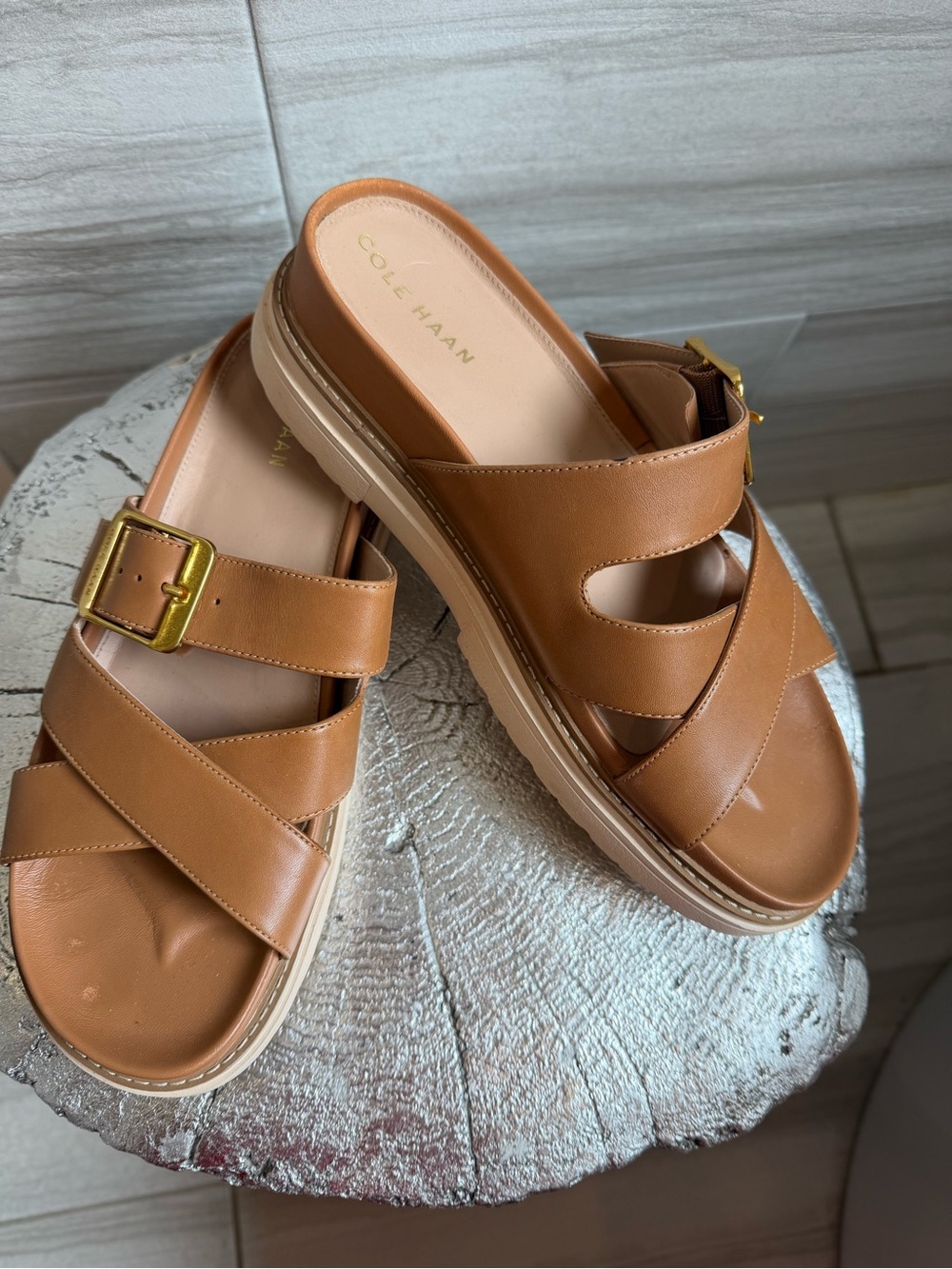 Cole Haan Grand 360 Tan Leather Slide Sandals with Gold Buckle